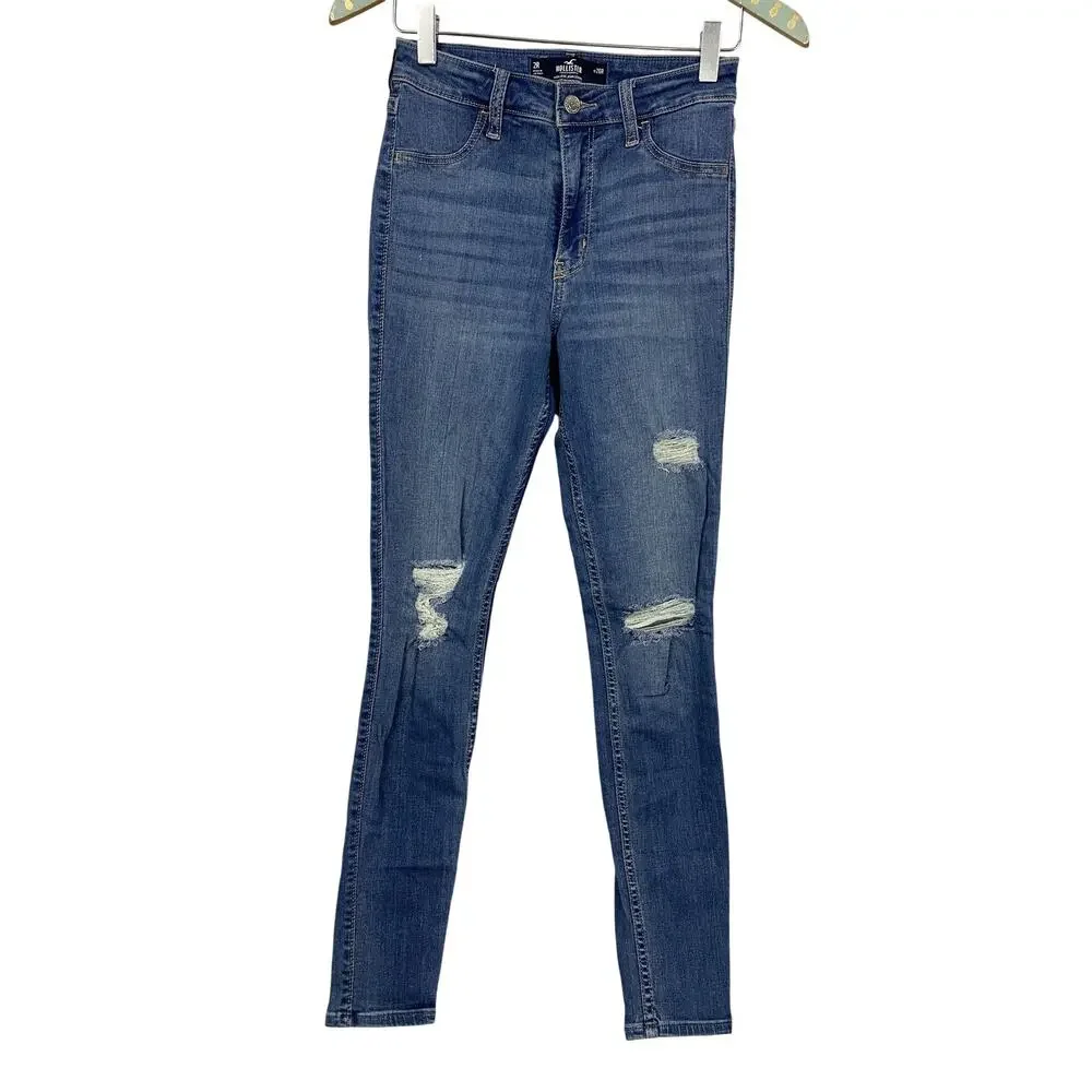 Hollister High Rise Jean Legging Jeans Womens 2R Blue‎ Distressed Stretch 25x29